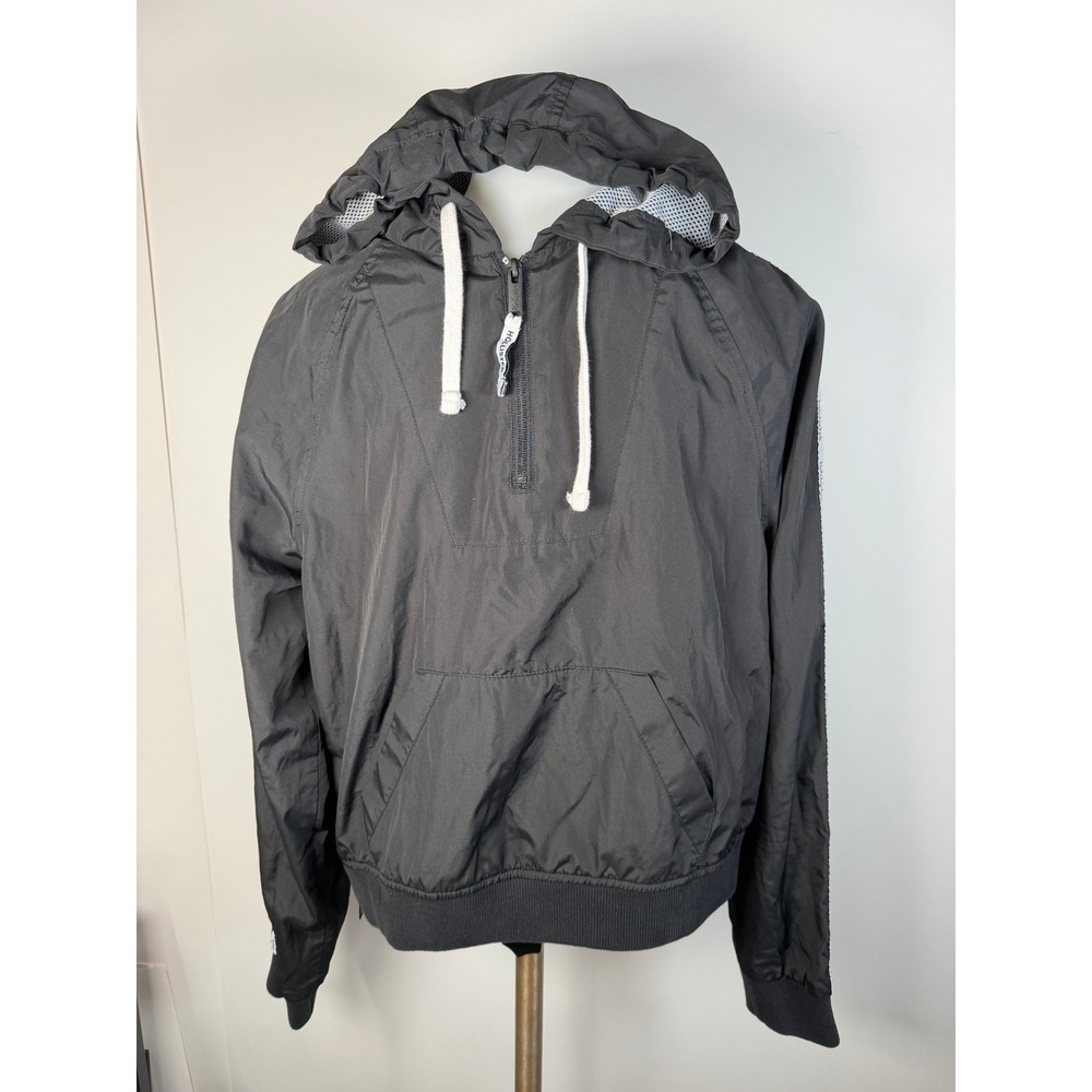 Hollister Womens Black Half Zip Windbreaker Anorak Hooded Jacket Logo Tape Small